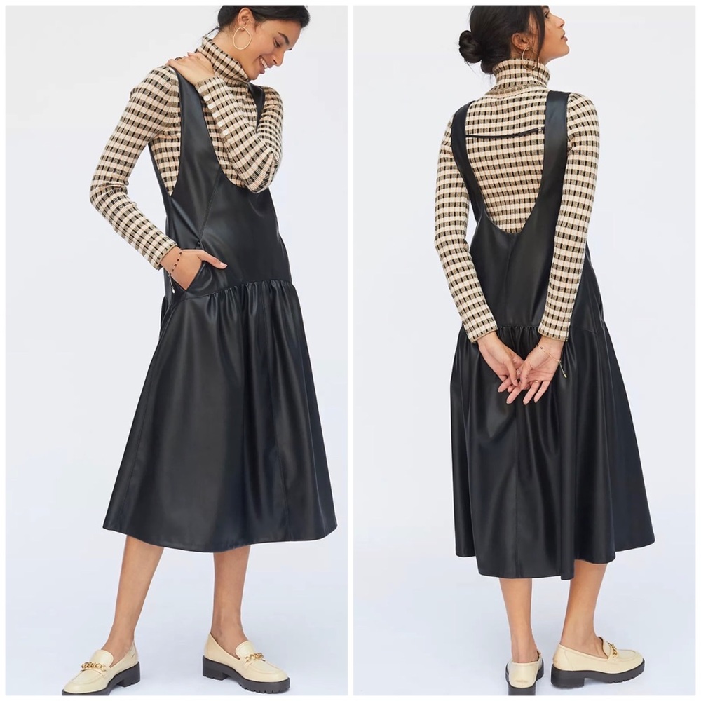 ANTHROPOLOGIE Beatrice B Faux Leather Black Pinafore Midi Dress size 0 Minimal